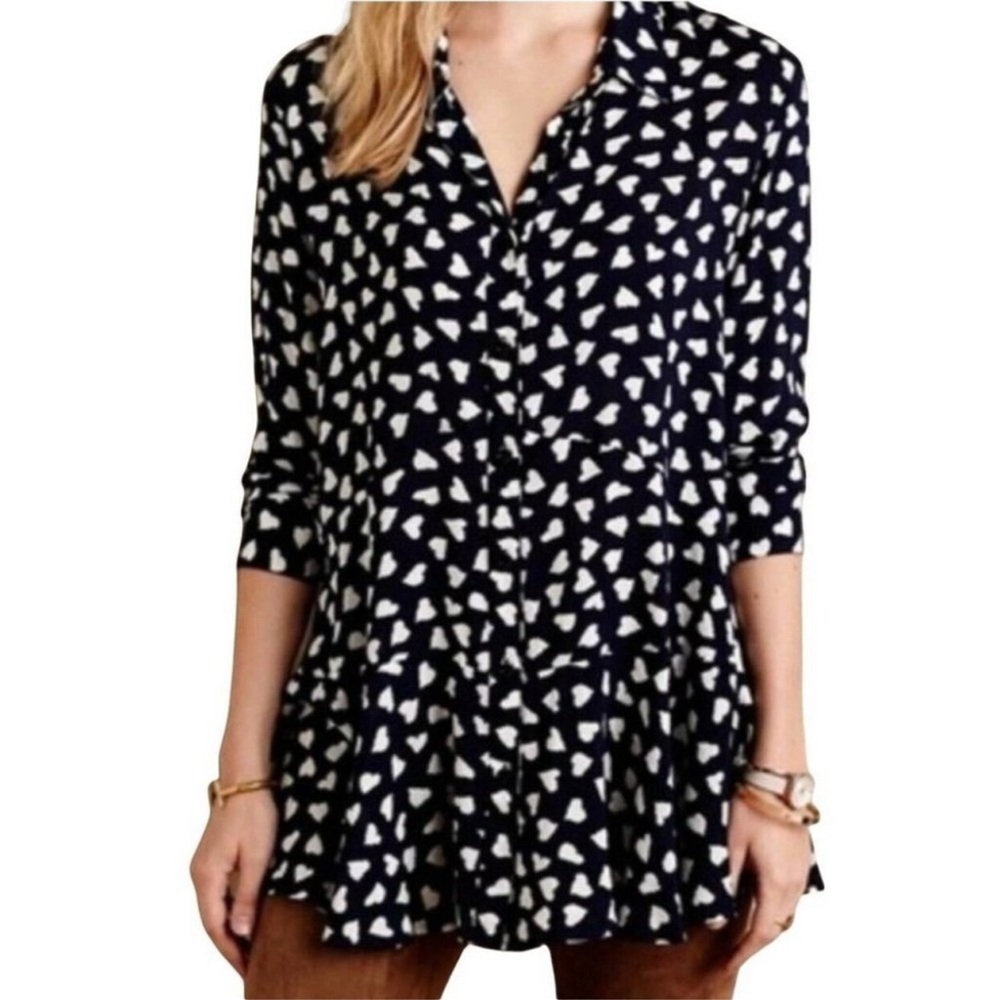 11•1•TYLHO Anthropologie long sleeved navy blue with white hearts ruffle size S